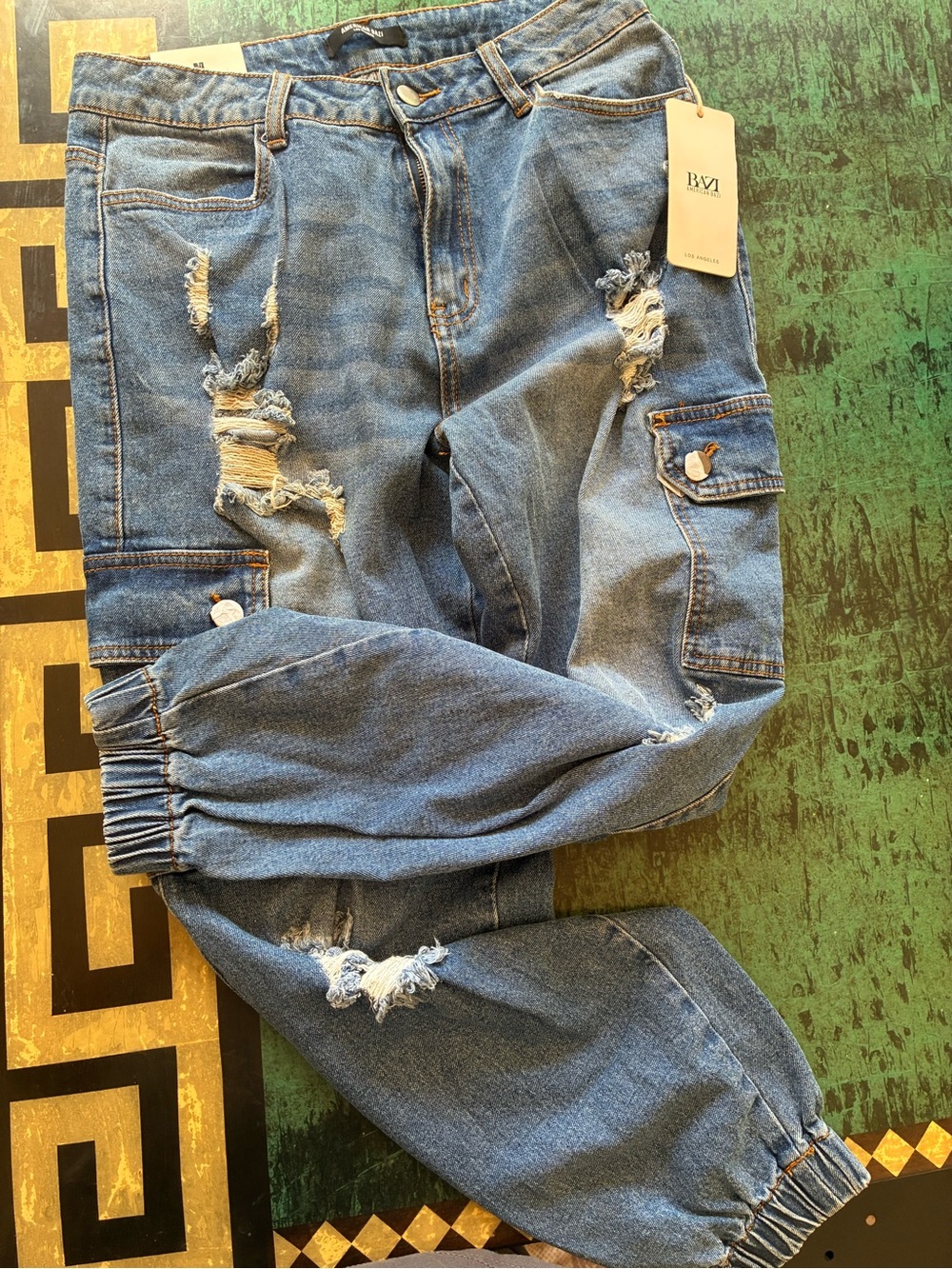American Bazi Distressed Blue Denim Cargo Joggers